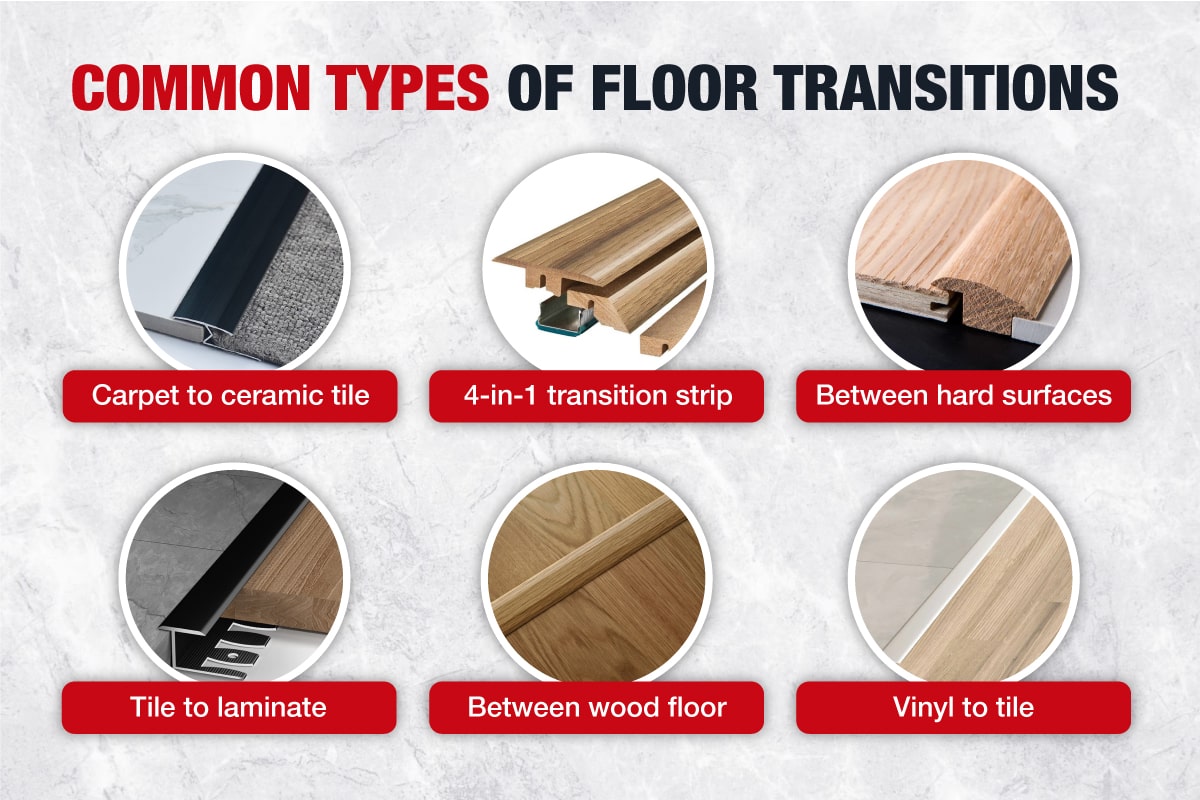 The 6 types of floor transitions including transition strips.