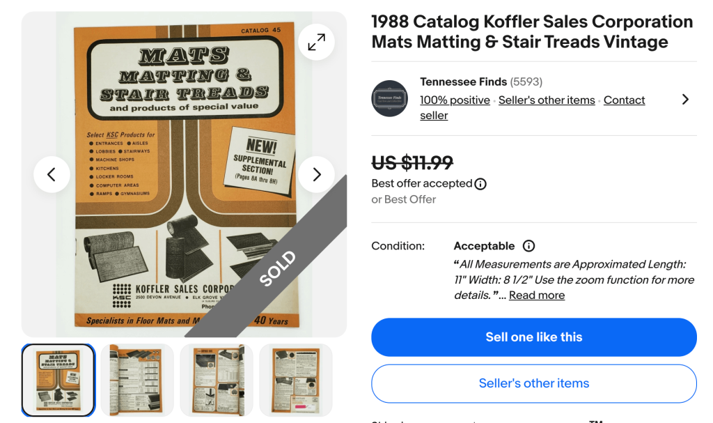 Screenshot of our 1988 Koffler Sales product catalog listed on eBay.