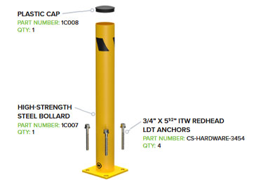 Steel bollard kit in high visibility yellow prevents damage from machinery