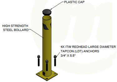 Steel bollard kit in high visibility yellow prevents damage from machinery