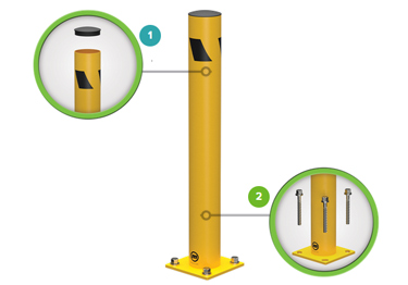 Steel bollard kit in high visibility yellow prevents damage from machinery